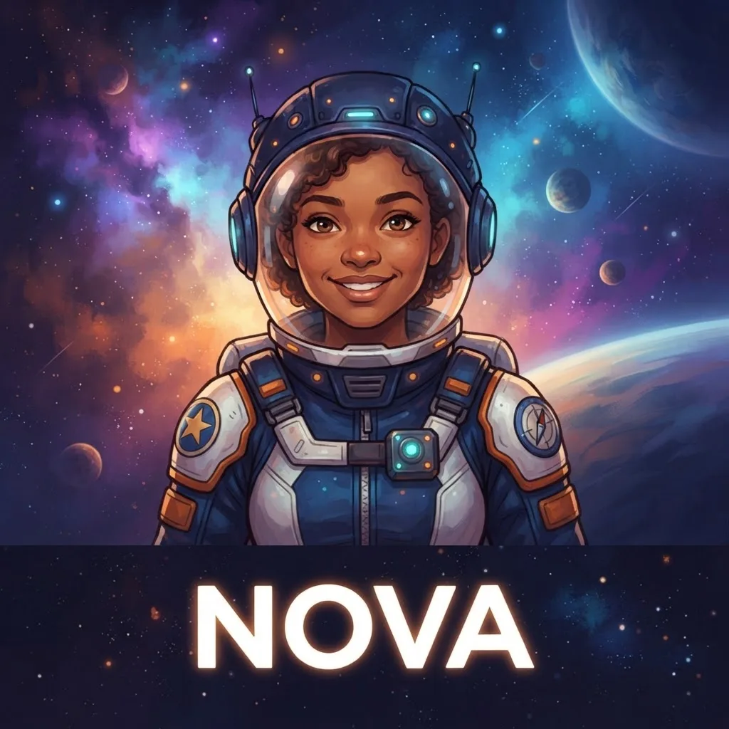 Рисованный аватар с вымышленным космическим персонажем и надписью NOVA