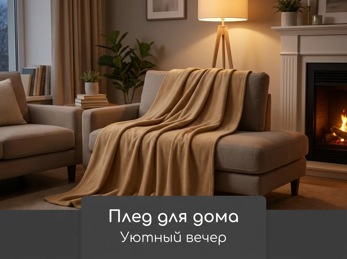 Карточка пледа на диване в вечернем интерьере с надписями «Плед для дома» и «Уютный вечер»
