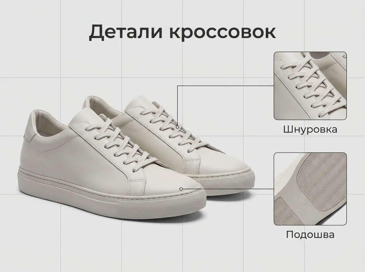Карточка деталей светлых кроссовок с крупными фрагментами шнуровки и подошвы