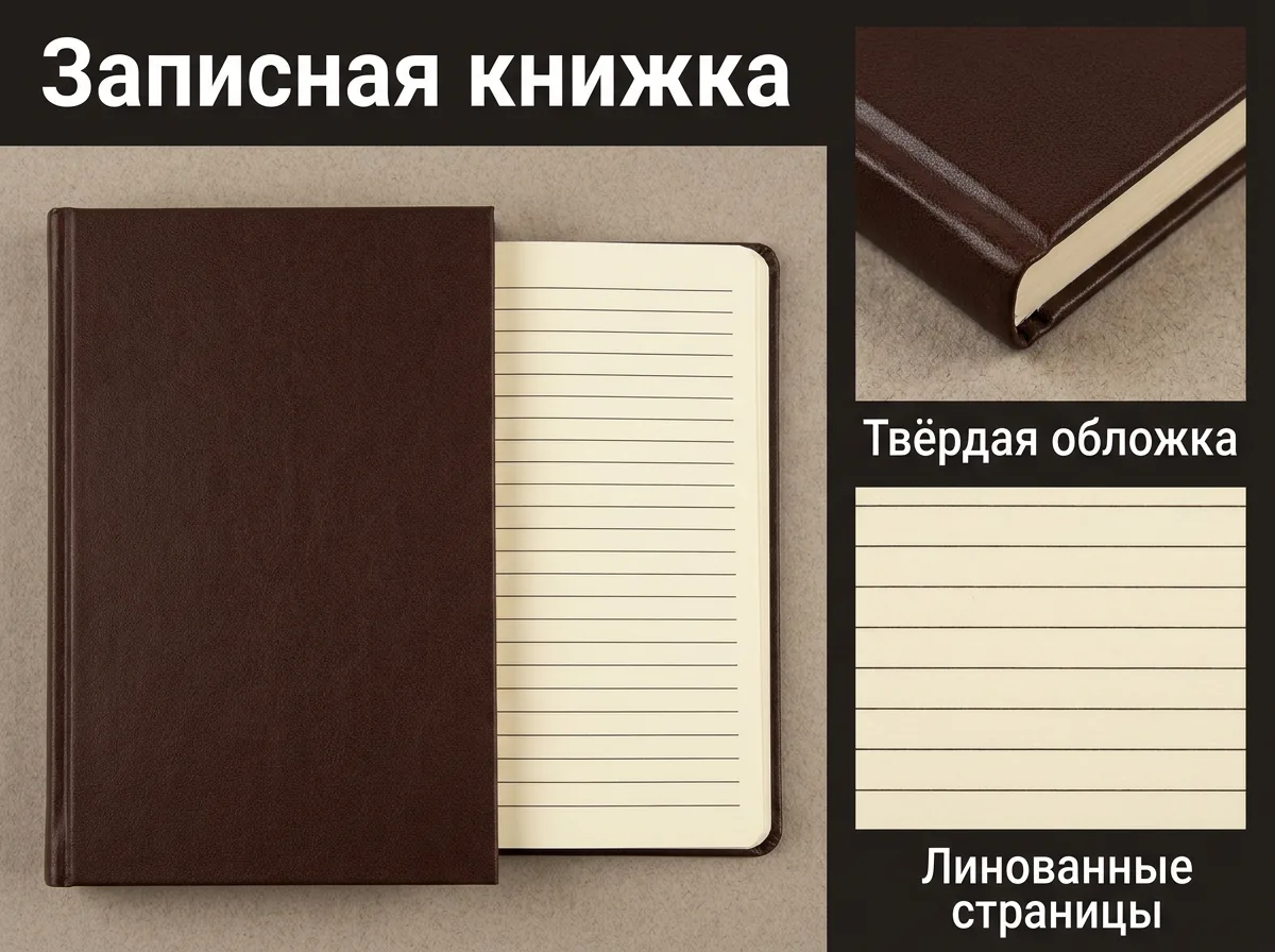 Карточка записной книжки с твёрдой обложкой и видимыми линованными страницами