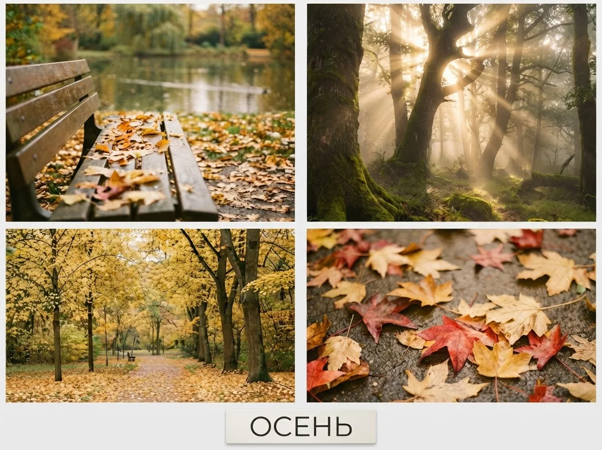 Коллаж два на два из четырёх осенних кадров с тёплой обработкой и точной надписью ОСЕНЬ